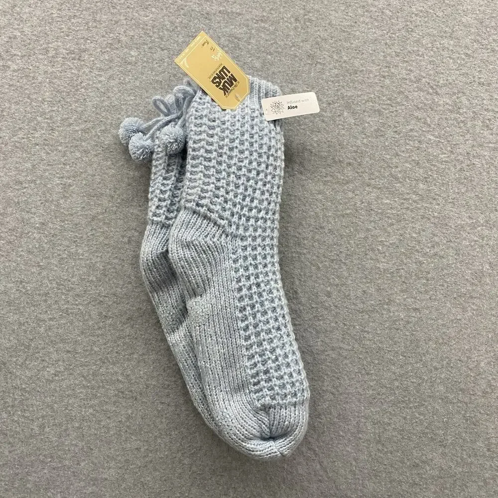 Muk Luks Cozy Knit Slipper Socks Pom Pom Aloe Infused Womens Warm Lounge L / XL